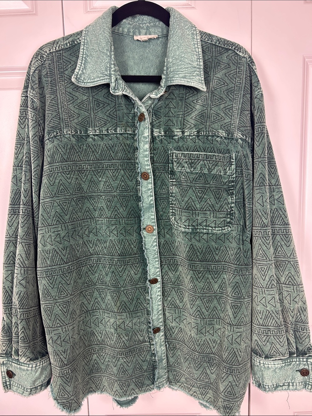 LA MIEL Bohemian Aztec Washed Green Corduroy Patterned Shirt Jacket Size Large